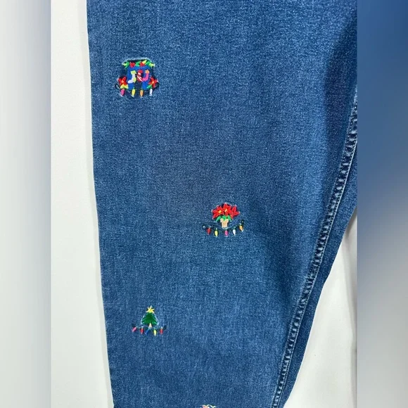 Quacker Factory Christmas Blue Jeans with Festive Embroidery Size Large - Picture 2 of 10